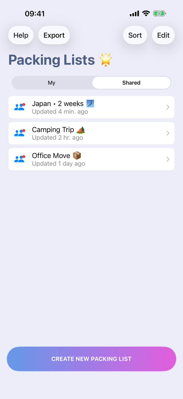 The Shared tab in the app: lists for a Japan trip, a camping trip and an office move, each updated minutes ago